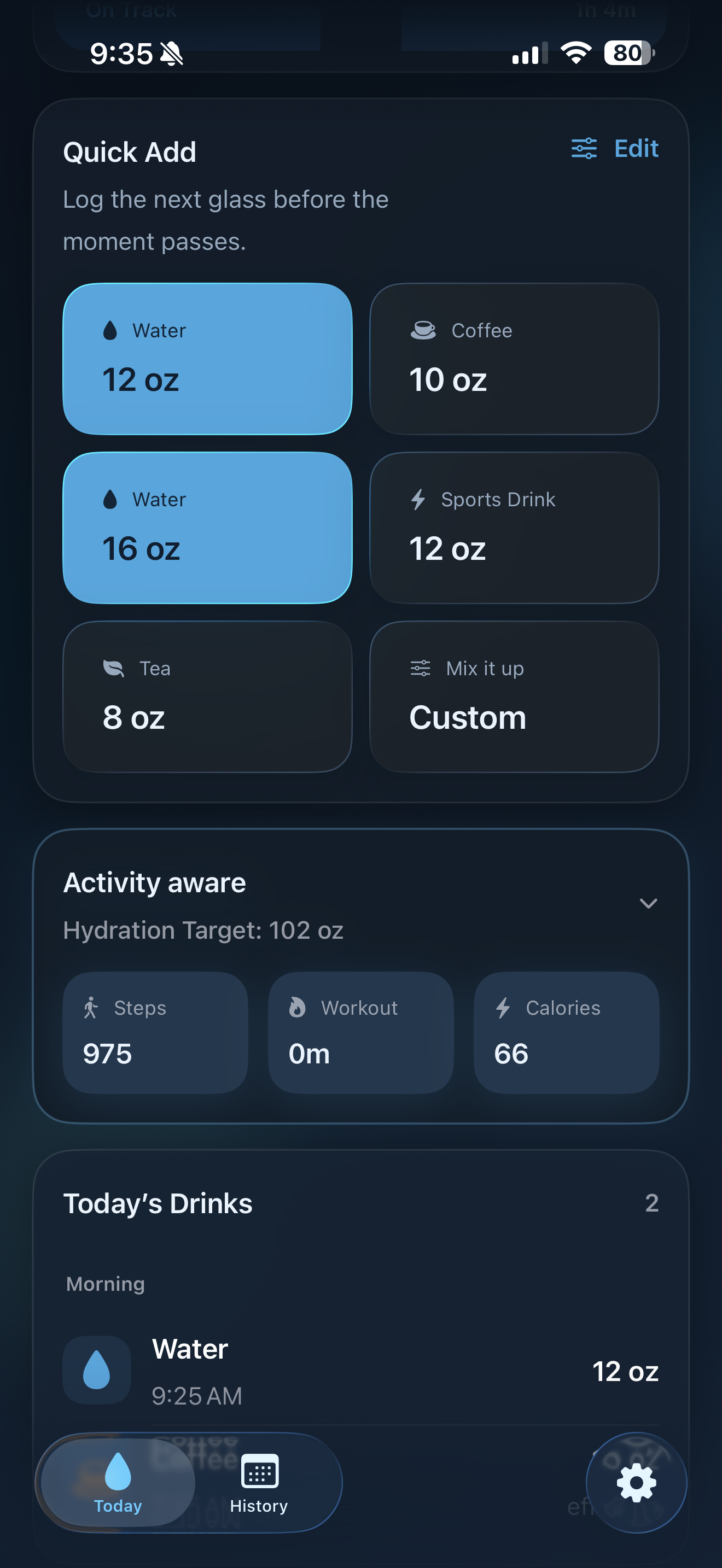 SipSync dark mode showing quick add options and activity-aware progress details