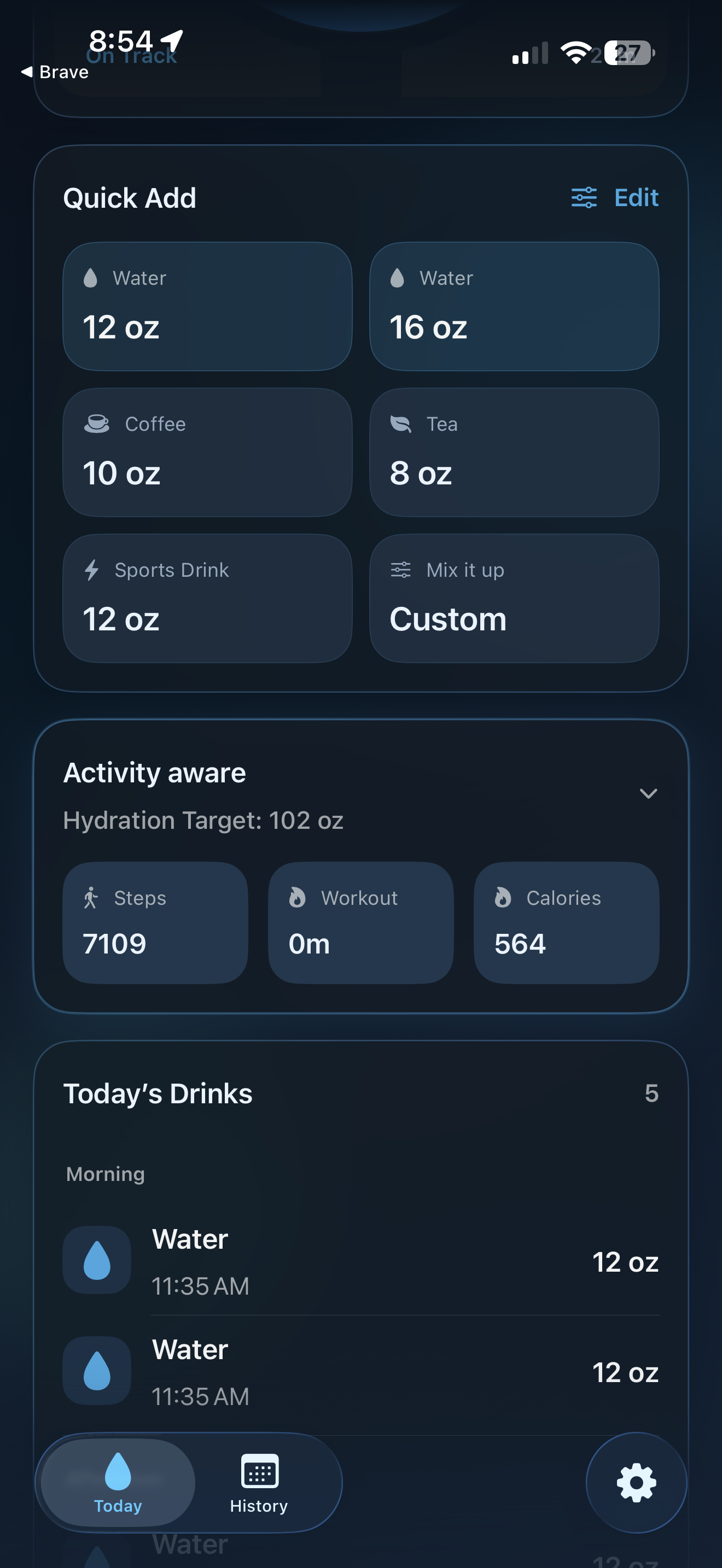 SipSync today details showing quick add options, activity aware target, and drink log list