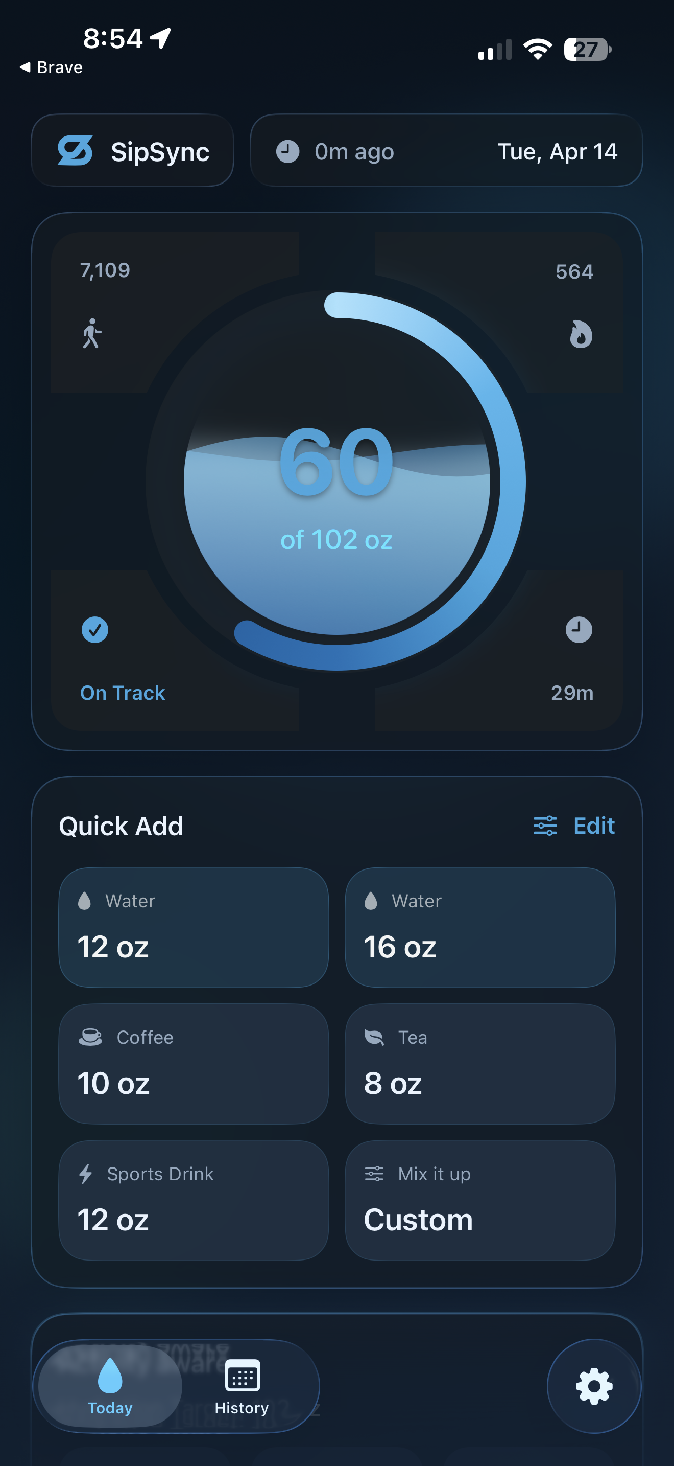 SipSync today screen showing hydration ring, current status, and quick add drink choices