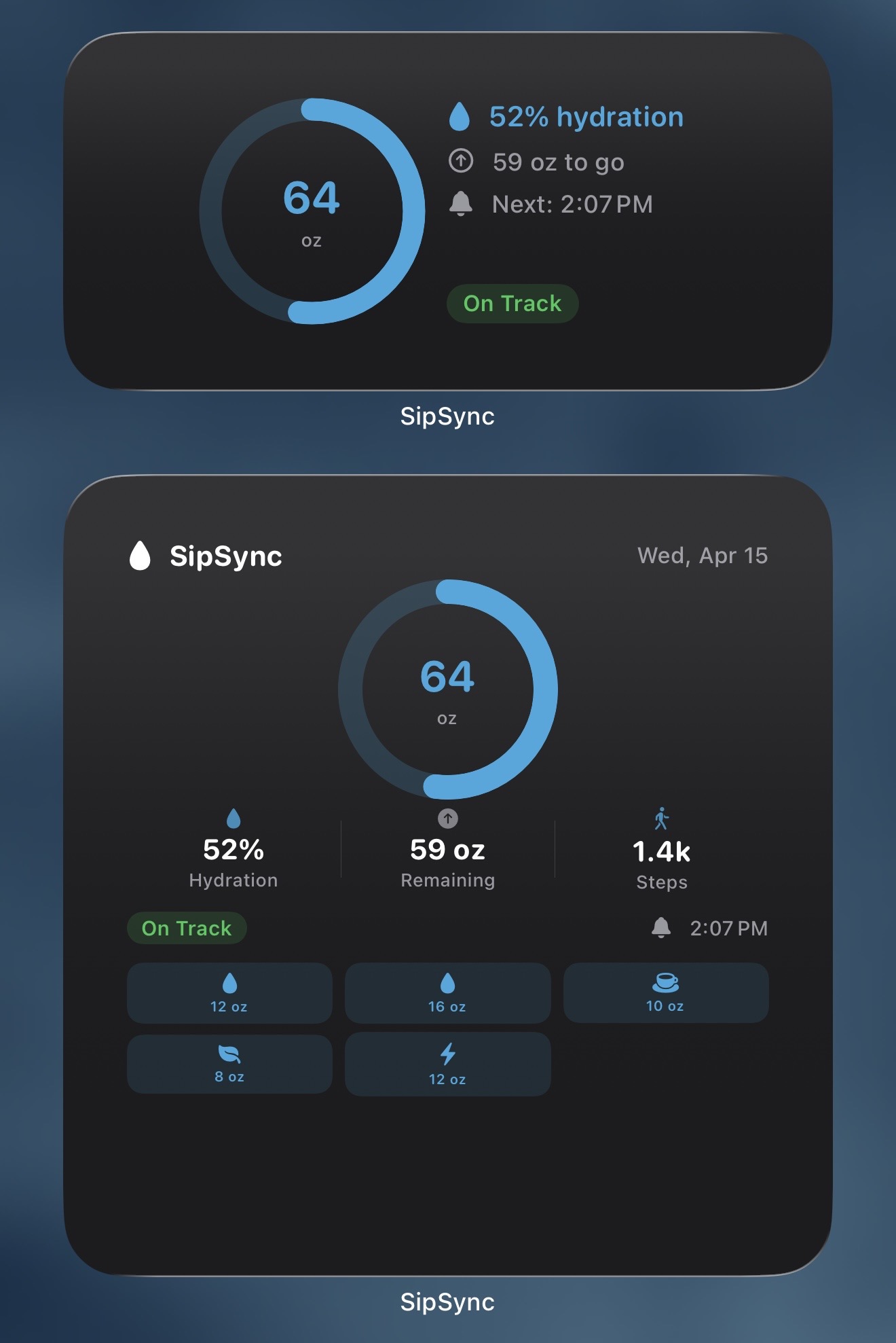 SipSync iPhone home screen hydration widget showing daily intake progress and quick glance metrics